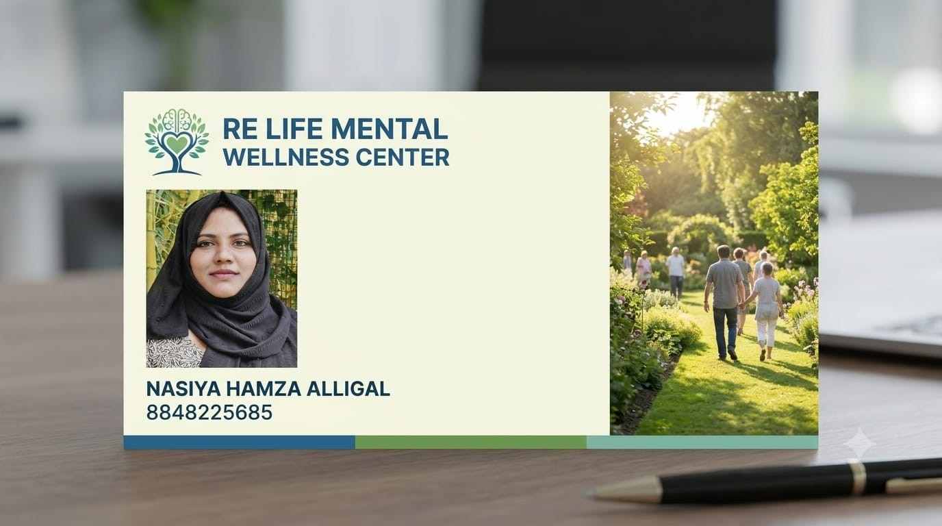 Re Life Mental Wellness Centre poster featuring counsellor Nasiya Hamza Allingal